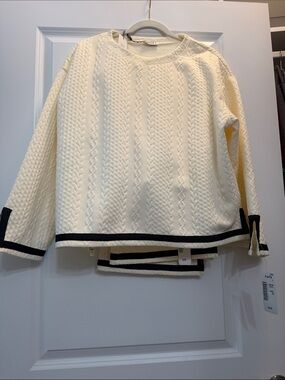 Cream Cable Knit Jacket with Black Trim